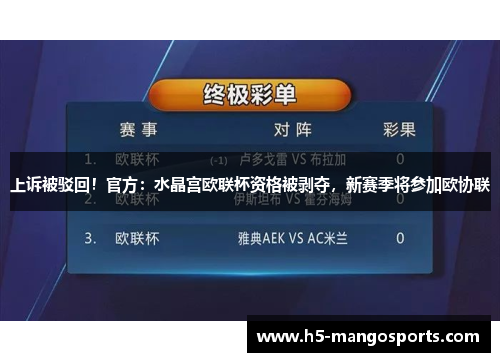 上诉被驳回！官方：水晶宫欧联杯资格被剥夺，新赛季将参加欧协联
